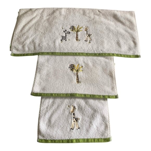 Casaba Kids Animals Zebra Monkey Giraffe Palm Embroidered Towel Bath Set of 3 - Picture 2 of 10